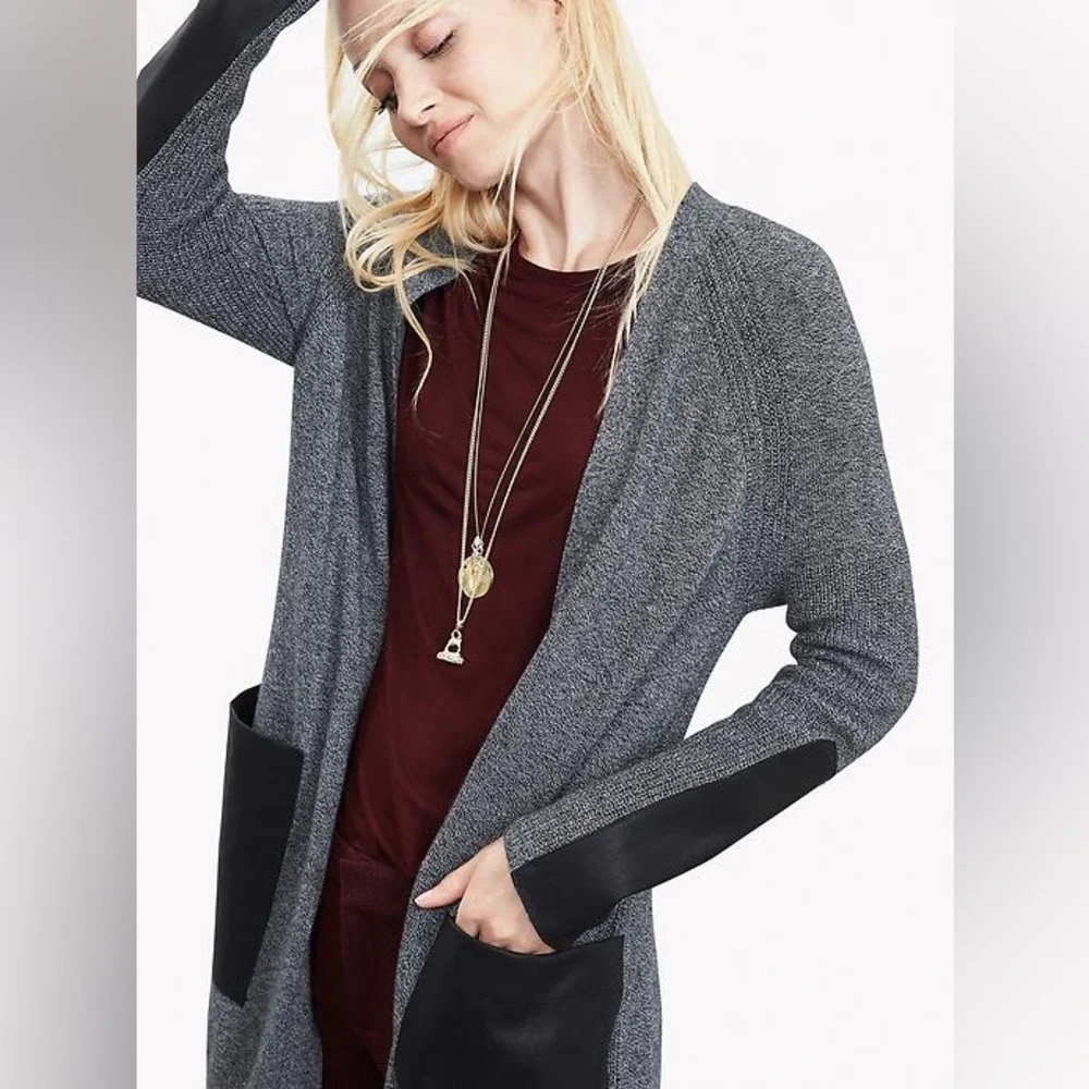 Vegan LEATHER pockets & sleeves open front boho cardigan w midcentury vibe - Picture 2 of 10